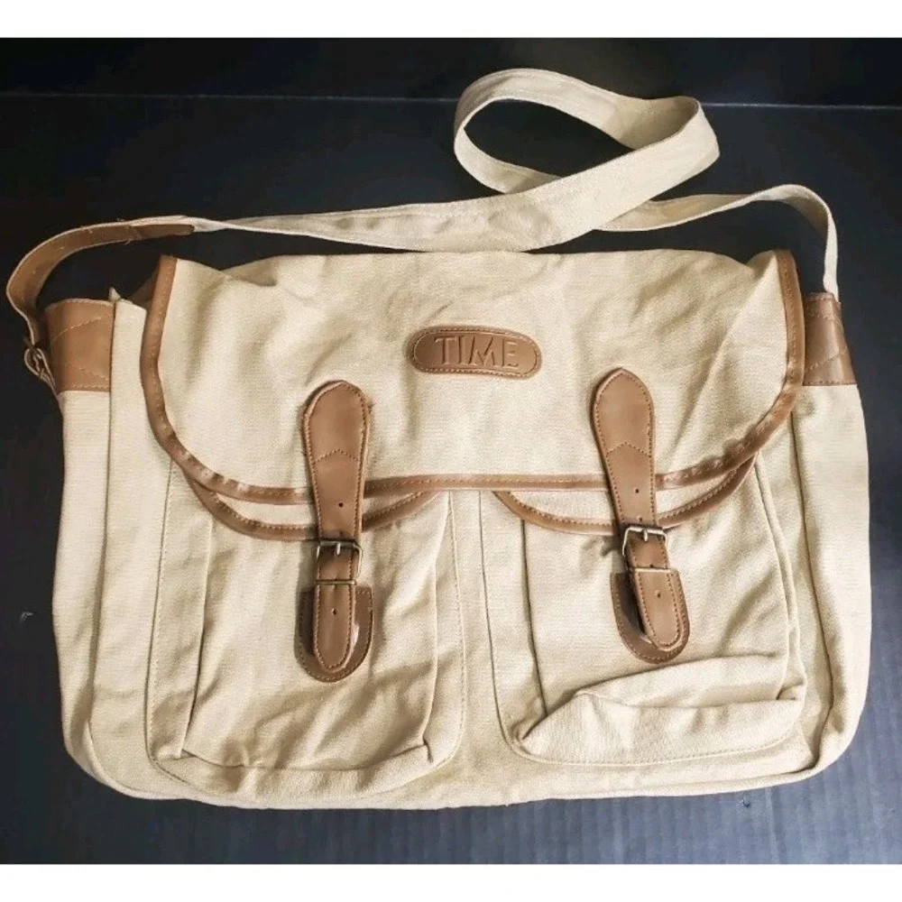 Vintage TIME Magazine Promotional Messenger Bag Tan / Brown Advertising Tote